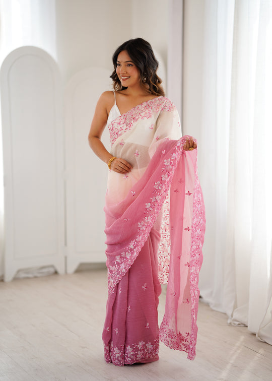 Pink Crunchy Seqwance Work And Arco Bordersaree With Blouse Piece