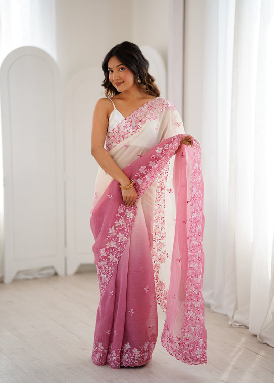 Pink Crunchy Seqwance Work And Arco Bordersaree With Blouse Piece