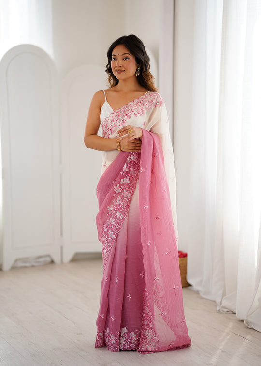 Pink Crunchy Seqwance Work And Arco Bordersaree With Blouse Piece
