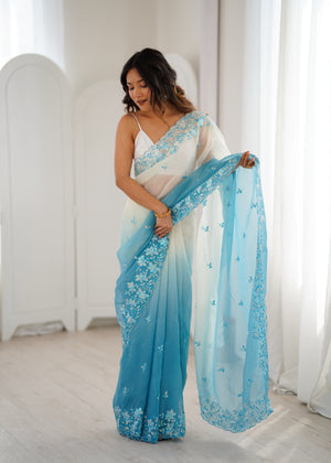 Sky Blue Crunchy Seqwance Work And Arco Bordersaree With Blouse Piece