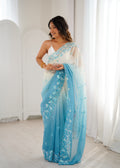 Sky Blue Crunchy Seqwance Work And Arco Bordersaree With Blouse Piece