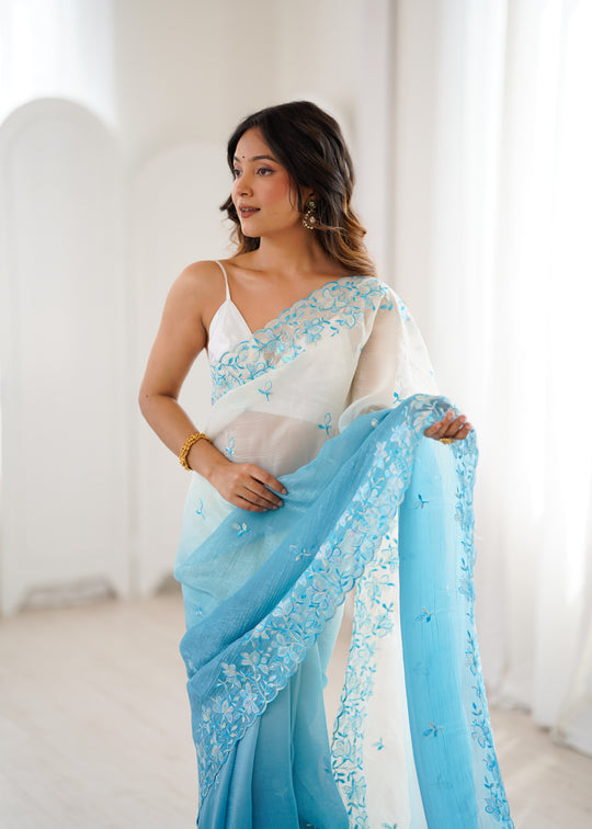 Sky Blue Crunchy Seqwance Work And Arco Bordersaree With Blouse Piece