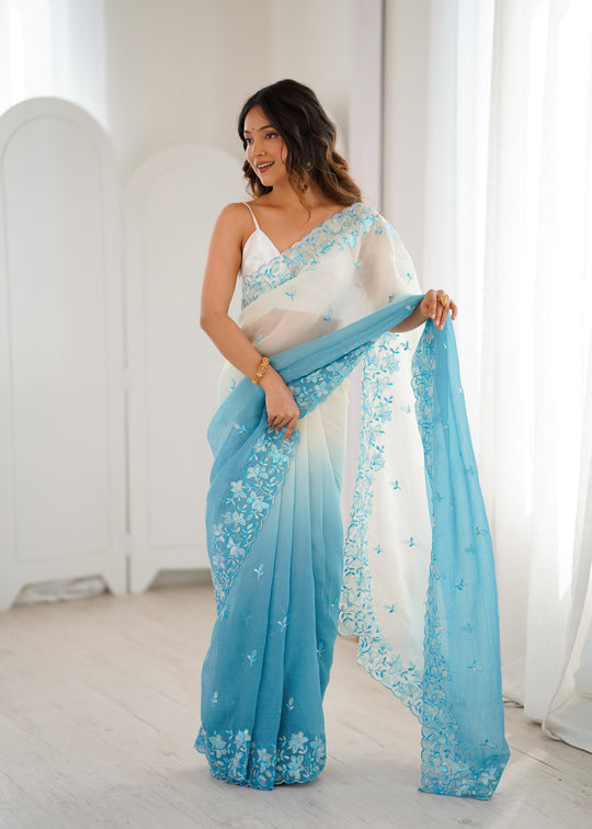 Sky Blue Crunchy Seqwance Work And Arco Bordersaree With Blouse Piece