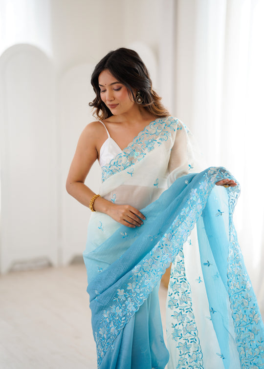 Sky Blue Crunchy Seqwance Work And Arco Bordersaree With Blouse Piece