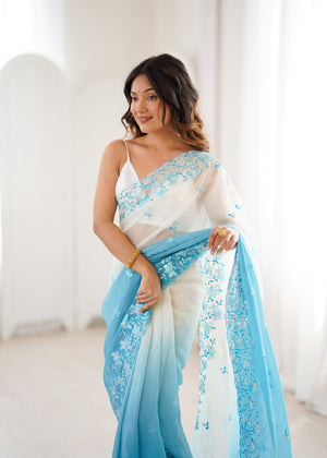Sky Blue Crunchy Seqwance Work And Arco Bordersaree With Blouse Piece