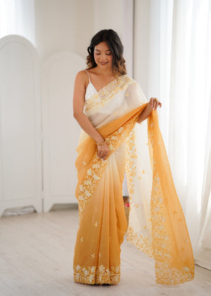 Yellow Crunchy Seqwance Work And Arco Bordersaree With Blouse Piece