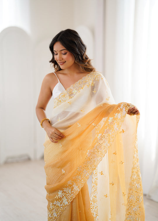 Yellow Crunchy Seqwance Work And Arco Bordersaree With Blouse Piece