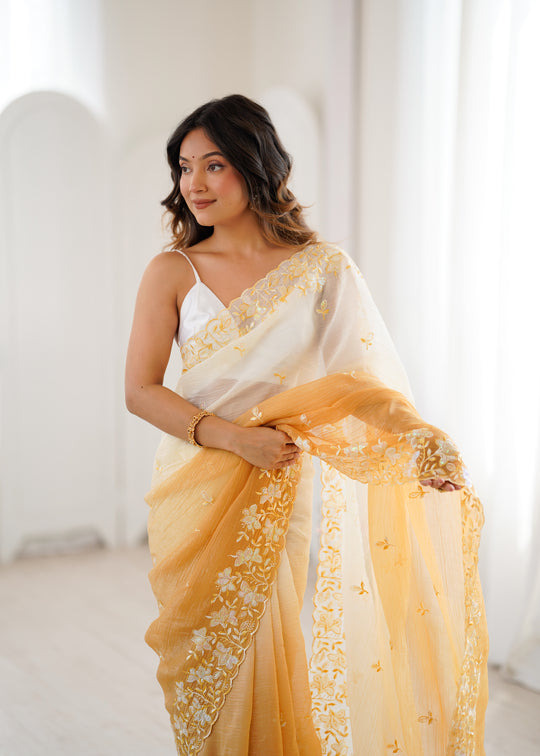Yellow Crunchy Seqwance Work And Arco Bordersaree With Blouse Piece