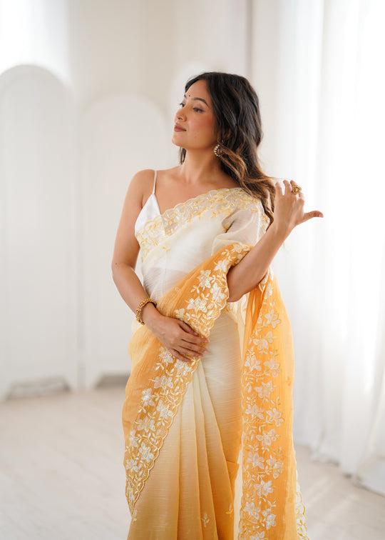 Yellow Crunchy Seqwance Work And Arco Bordersaree With Blouse Piece