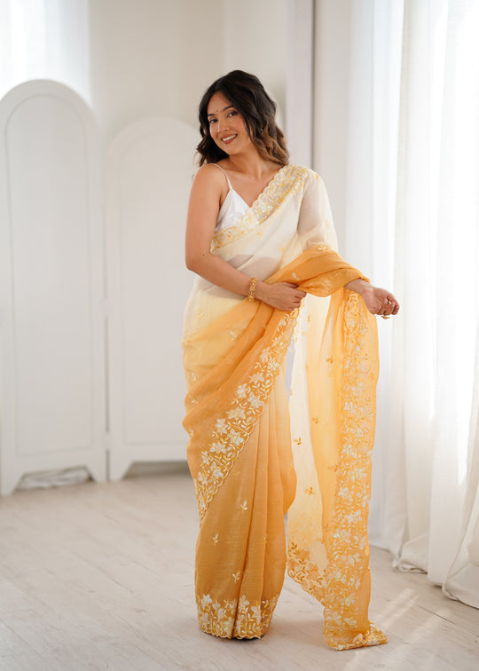 Yellow Crunchy Seqwance Work And Arco Bordersaree With Blouse Piece