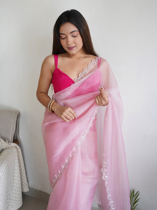 Peach Organza Saree With Blouse Piece