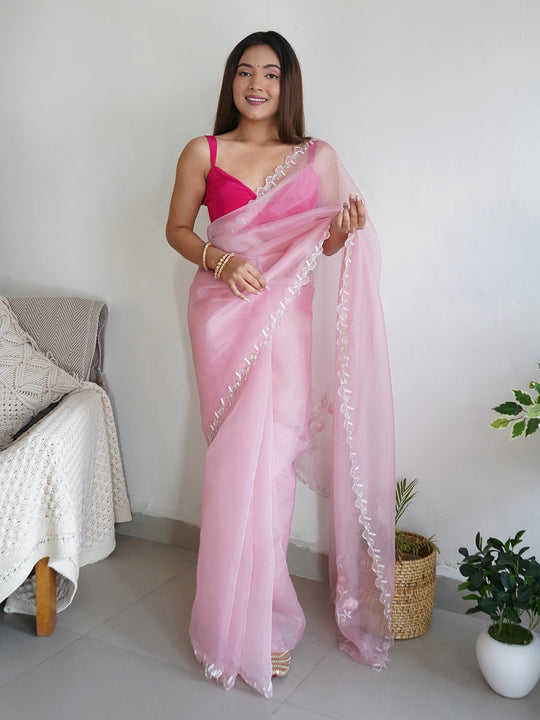 Peach Organza Saree With Blouse Piece