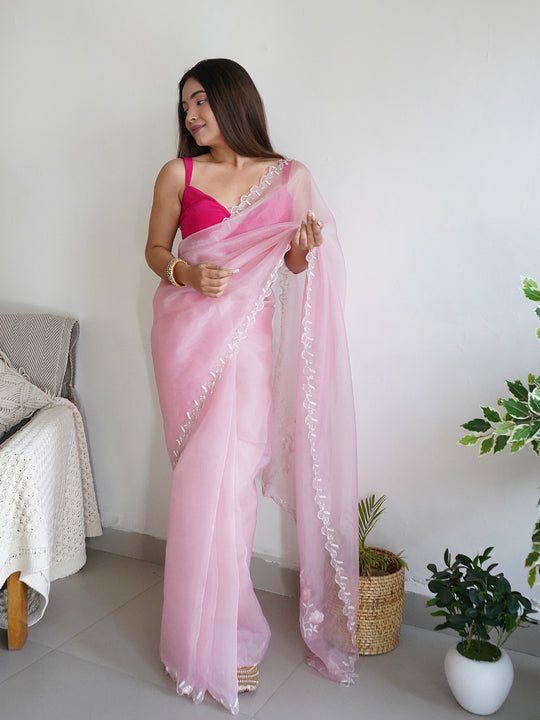 Peach Organza Saree With Blouse Piece