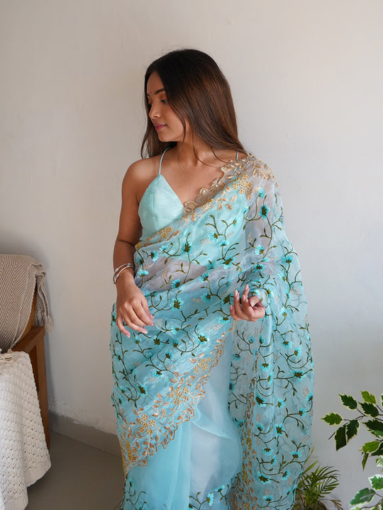 Sky Blue Organza Saree With Blouse Piece