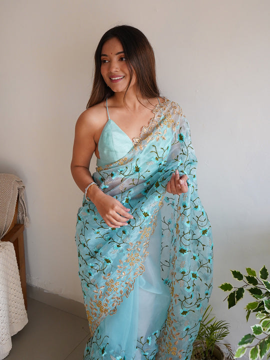Sky Blue Organza Saree With Blouse Piece