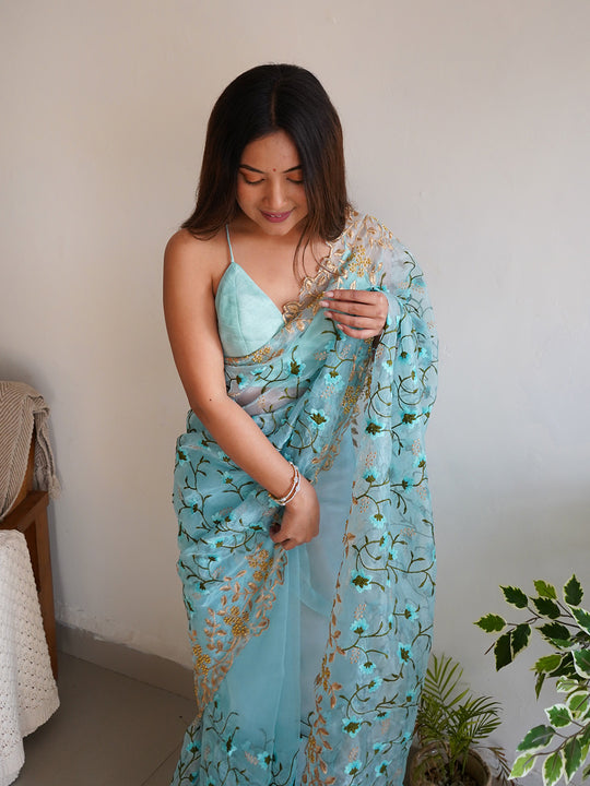 Sky Blue Organza Saree With Blouse Piece