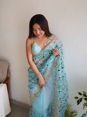 Sky Blue Organza Saree With Blouse Piece