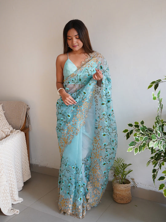 Sky Blue Organza Saree With Blouse Piece