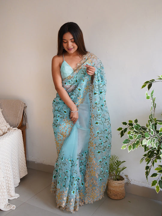 Sky Blue Organza Saree With Blouse Piece