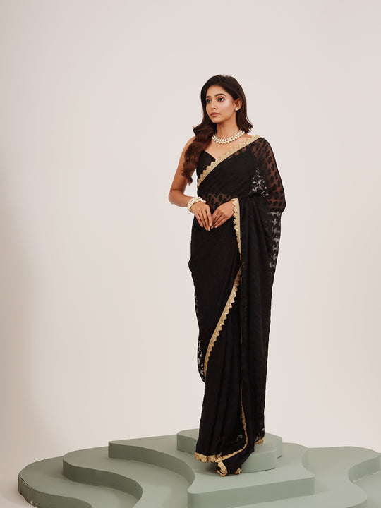 Black Embellished Sequinned Brasso Saree