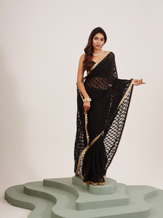 Black Embellished Sequinned Brasso Saree
