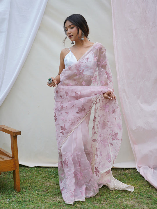 Baby Pink Organza Saree With Blouse Piece