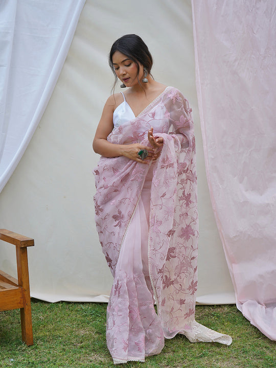 Baby Pink Organza Saree With Blouse Piece