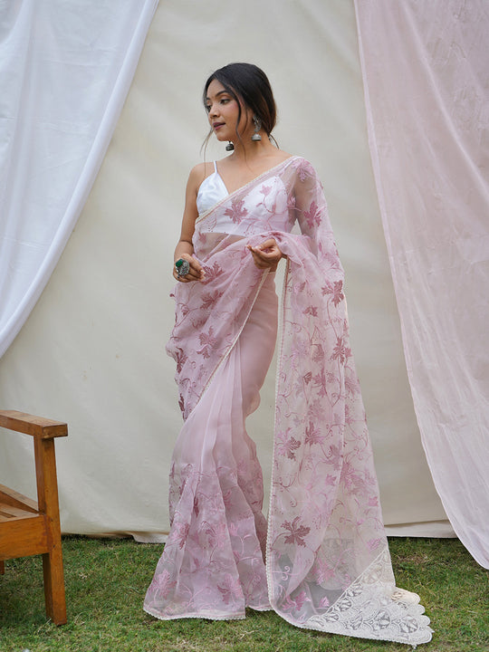 Baby Pink Organza Saree With Blouse Piece