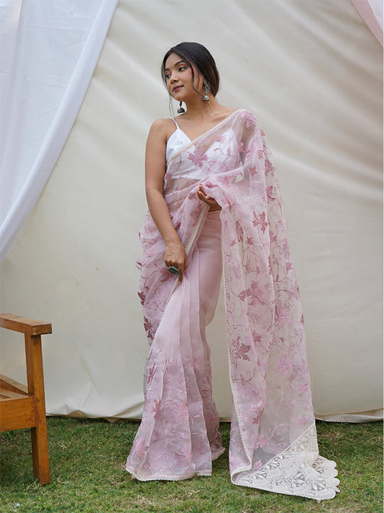 Baby Pink Organza Saree With Blouse Piece