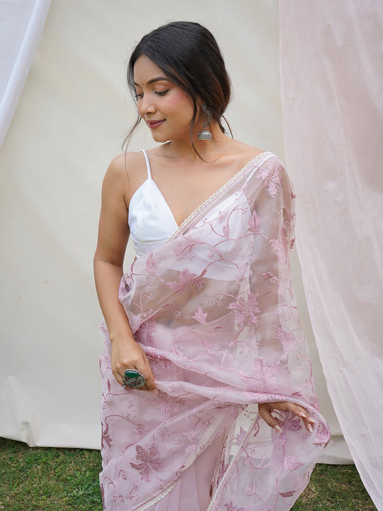 Baby Pink Organza Saree With Blouse Piece