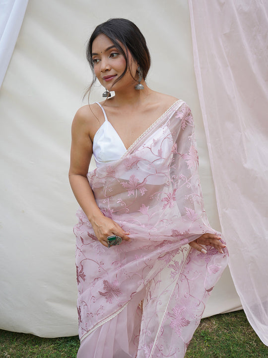 Baby Pink Organza Saree With Blouse Piece