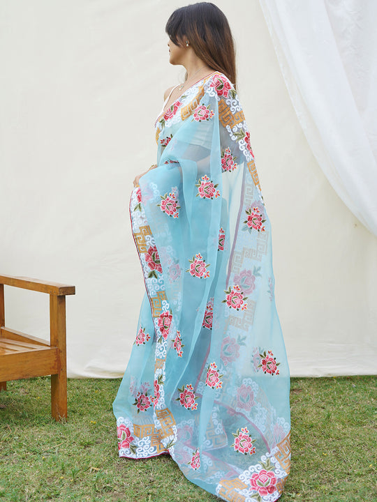 Sky Blue Organza Saree With Blouse Piece