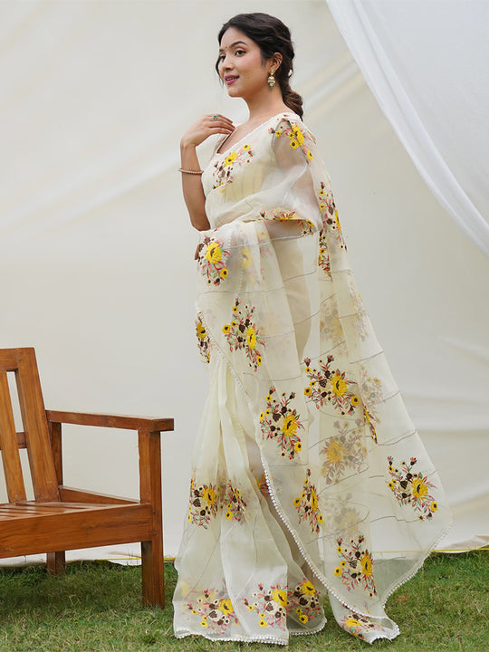 Yellow Organza Silk Saree With Blouse Piece