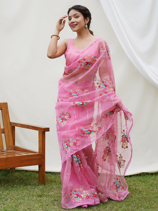 Pink Organza Silk Saree With Blouse Piece