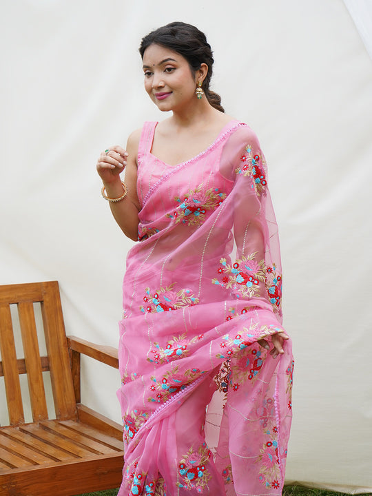 Pink Organza Silk Saree With Blouse Piece