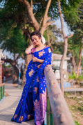 Blue Banarasi Silk Blend Saree With Blouse Piece