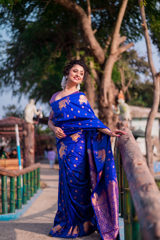 Blue Banarasi Silk Blend Saree With Blouse Piece