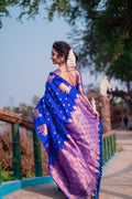 Blue Banarasi Silk Blend Saree With Blouse Piece