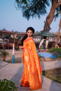 Orange Banarasi Silk Blend Saree With Blouse Piece