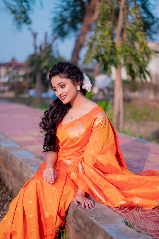 Orange Banarasi Silk Blend Saree With Blouse Piece