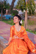 Orange Banarasi Silk Blend Saree With Blouse Piece
