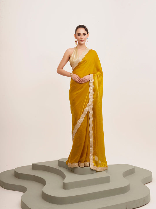 Mustard Embellished Sequined Lace Designer Saree