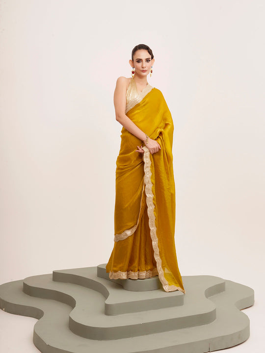 Mustard Embellished Sequined Lace Designer Saree