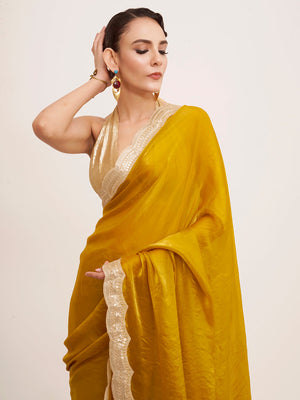 Mustard Embellished Sequined Lace Designer Saree