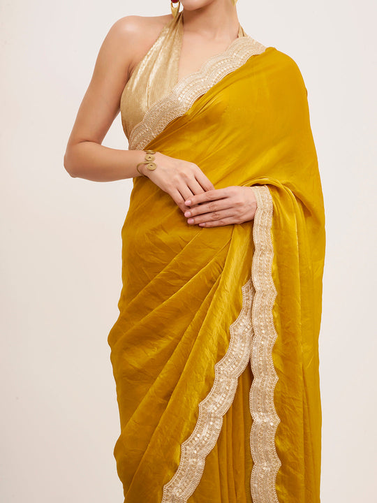 Mustard Embellished Sequined Lace Designer Saree