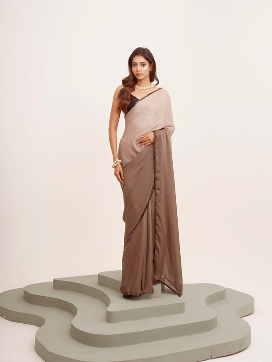 Brown Ombre Embellished Designer Satin Saree