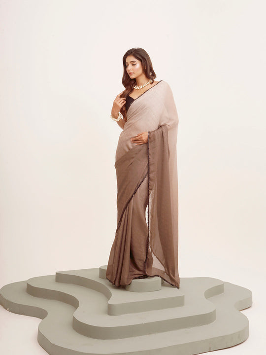Brown Ombre Embellished Designer Satin Saree