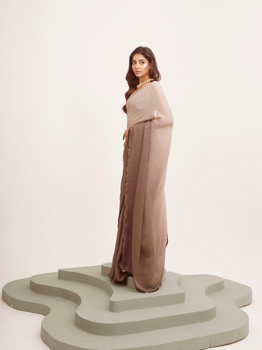 Brown Ombre Embellished Designer Satin Saree