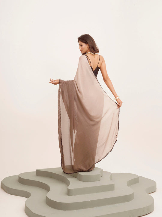 Brown Ombre Embellished Designer Satin Saree