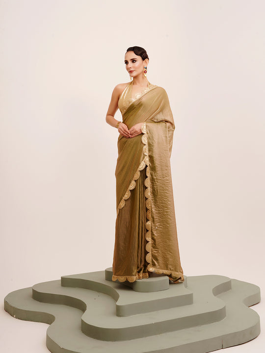 Gold Sequinned Designer Lace Tissue Saree